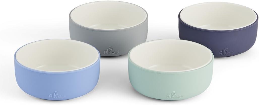 Elk and Friends Kids Porcelain Bowls with Silicone Sleeves | Suitable for Babies/Toddlers | Microwave & Dishwasher Safe | Non Slip Dinnerware | Snack Dishes | 4 Pack (Sage/Misty Blue/Gray/Navy)