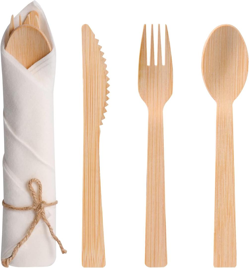 Pre Rolled Napkin and Bamboo Cutlery Set - 50Pack Bamboo Utensils/Compostable Cutlery(50 Forks, 50 Knives, 50 Spoons, 50 Napkins), Biodegradable Wrapped Cutlery for Party, Wedding, Events