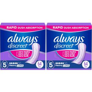 Always Discreet Adult Incontinence Pads for Women, Heavy Absorbency, Long Length, Postpartum Pads, 64 Count (Pack of 2)