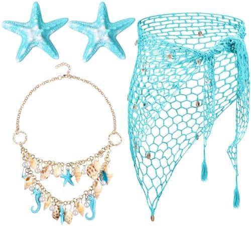 Cotwinter 4 Pcs Halloween Mermaid Cosplay Costume Women Halloween Mermaid Crochet Skirt Necklace Starfish Hair Clip