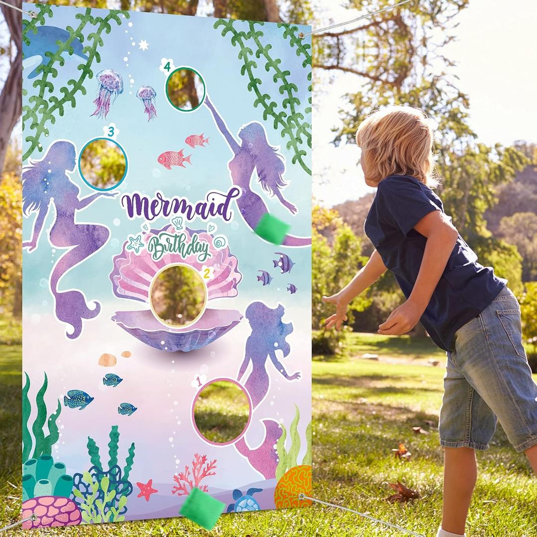 Mermaid Toss Games with 3 Bean Bags Blue Ocean Birthday Bean Bag Games Set Boys Girls Mermaid Backdrop Birthday Party Toss Games Banner Under Sea World Theme Photo Background for Outdoor Yard Game