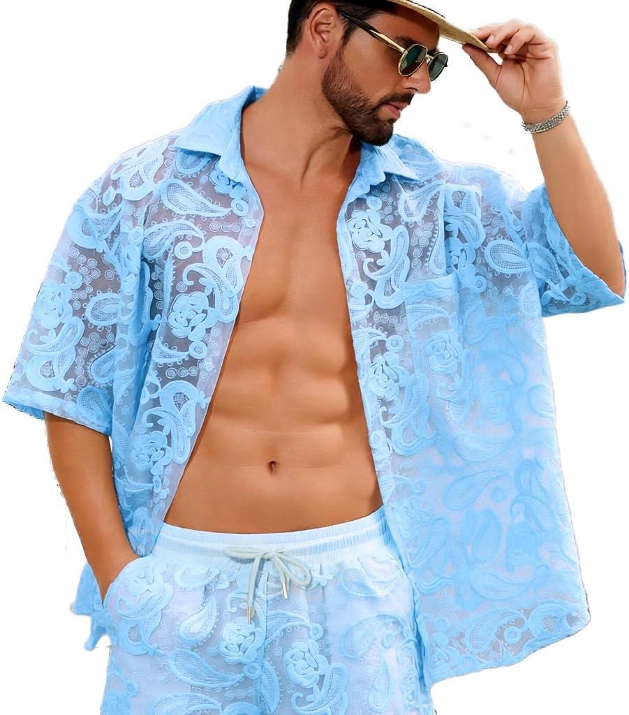 Mens Lace Outfit Set, See-Through Button Down Shirt and Shorts Two-Piece Beach Vacation Outfit (X-Large, Light Blue)