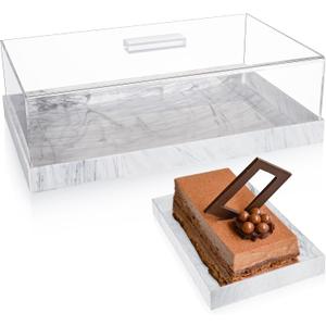 Dandat Rectangle Cake Stand with Lid Acrylic Dessert Display Case with Marble Base Multifunctional Serving Tray for Pastry, Charcuterie, Kitchen, Easter Party, 14.5 x 9 x 4.5 Inches(Marble Color)