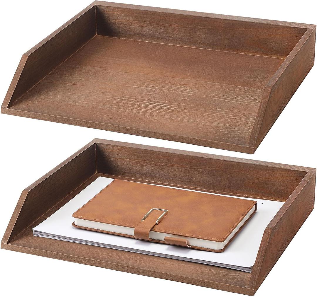 2 Pcs Wooden Letter Tray Wood Letter-Size Desk Organizer Heavy Duty 2 Tier Stackable Support Paper Tray Desktop Drawer File Folder Magazine Office Accessories Back to School(Dark Wood)