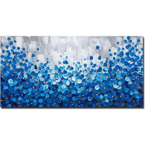 MyArton Large Textured Blue Flowers Canvas Wall Art Hand Painted Modern Decoration Oil Painting Picture Framed Ready to Hang 60x30inch