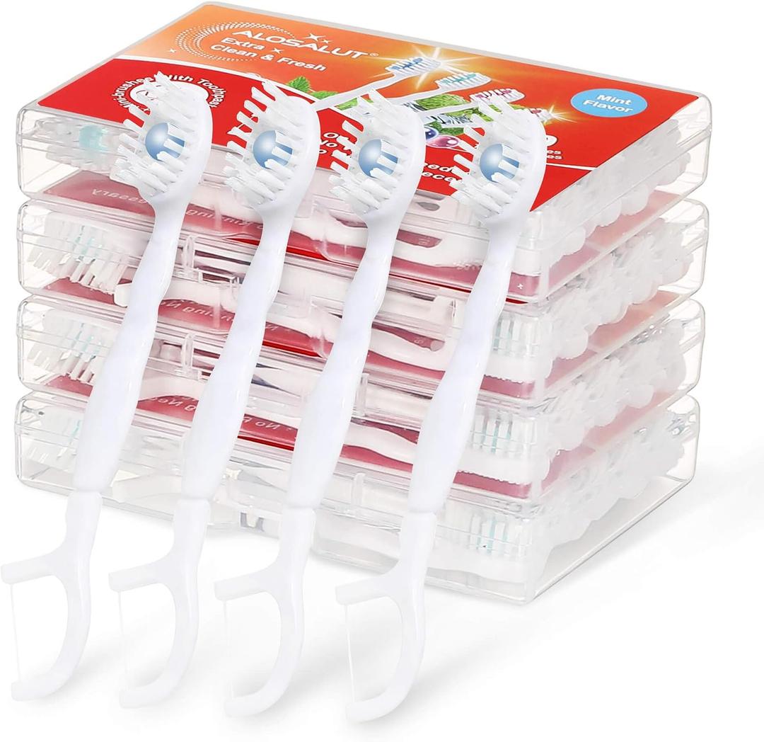 40 Pack Mint Mini Disposable Toothbrush No Water 5-in-1 Prepasted Soft Bristles & Floss & Toothpick & Tongue - Essentials for Travel Flight Hotel Camping Car Guest Use for Women Men Kids