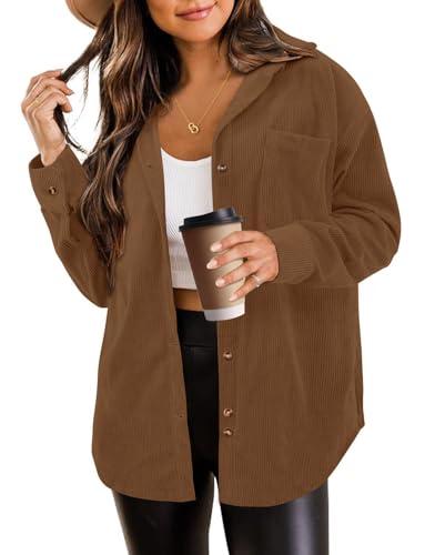 SEMARO Womens Casual Long Sleeve Button Down Shirts Corduroy Oversized Boyfriend Blouse V Neck Loose Jacket Tops Brown, L