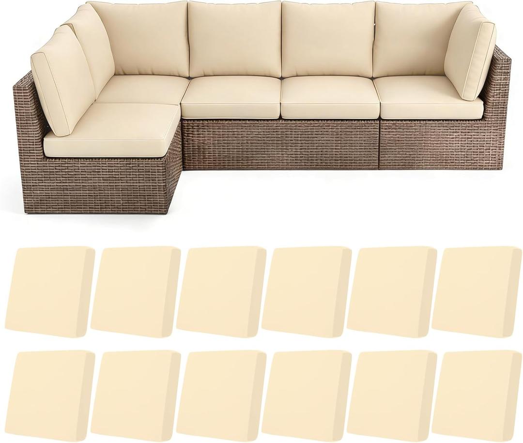 HEBE Stretch Patio Cushion Covers Set 12pcs,Waterproof Outdoor Couch Covers Replacement,Washable Reusable Seat Cushion Slipcovers for Patio Furniture Protector,Chair Cushion Cover (Beige)
