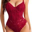 Avidlove Bodysuit for Women Sexy Lace Top Lingerie One Piece V Neck Mesh Tops Sleeveless Push Up Body Suit S-XXL (XX-Large, Wine Red)