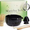 Matcha Whisk Set, Ceramic Matcha Set Includes Matcha Bowl, Matcha Whisk (Chasen) and Holder, Sifter, Bamboo Scoop & Spoon - 6 Pcs Matcha Kit for Matcha Lovers Black