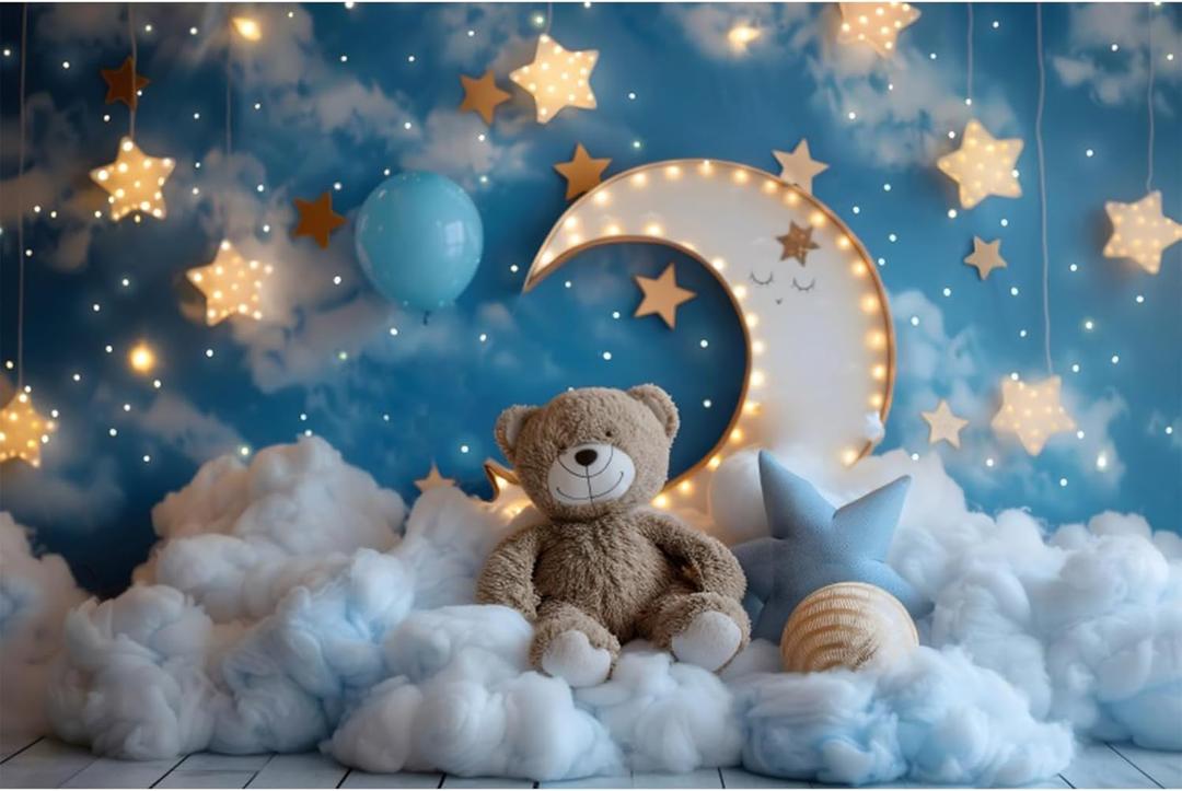 YongFoto Moon Stars Cloud Bear Backdrop 8x6ft Twinkle Little Star Blue Sky Balloon Photography Background Kid Birthday Adventure Baby Shower Cradle Ceremony Party Banner Baby Portrait Photoshoot