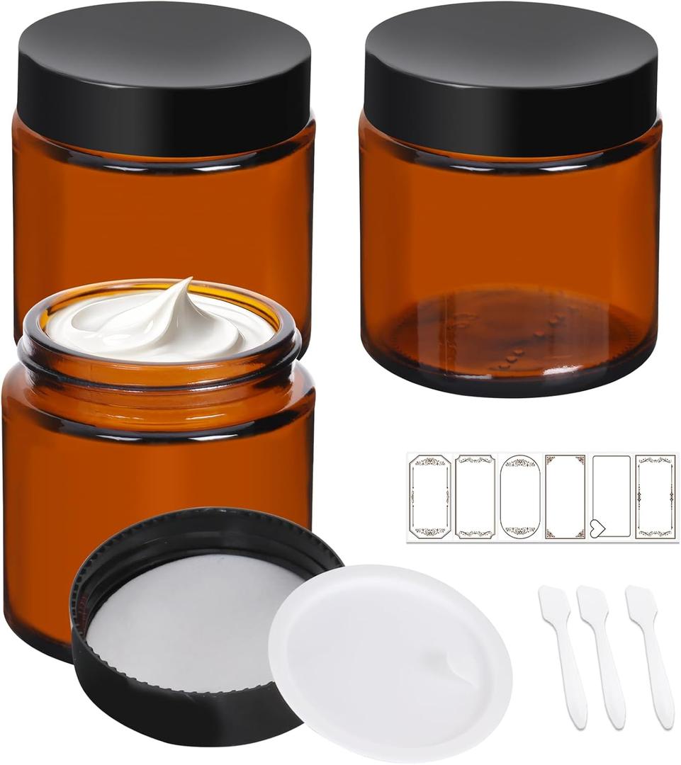 3 Pack 4 oz Amber Glass Jars with Lids, Cosmetic Jars with Black Lids, Glass Lotion Containers, Candle Making Containers for Lotions, Scrubs and Cosmetic, Lables and Spatulas Include