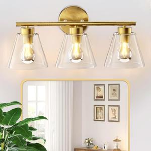 Brushed Gold Vanity Light, 3-Light Bathroom Light Fixtures Over Mirror, Modern Vanity Lights, Wall Sconce Lamp for Living Room Bedroom Hallway, with Clear Glass Shades