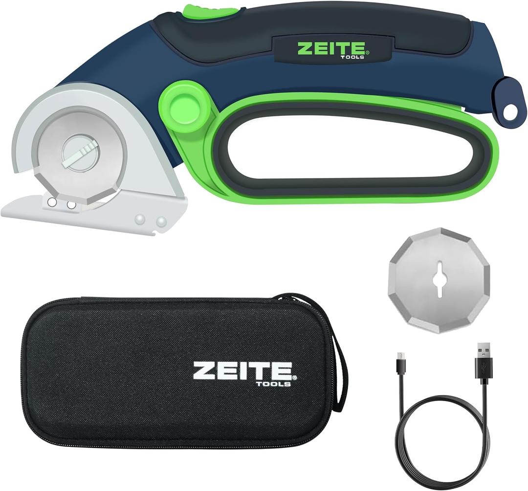 ZEITE 4V Cordless Electric Scissors, Cardboard Cutter with 2 Blades, Storage Box, USB Charging Cable, Power Rotary Cutter, Max Cutting 1/4",for Cardboard Box, Thin Carpet & Plastic, Easy to Hold and Safe (Blue)