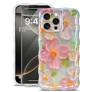 sheheme for iPhone 16 Pro Case [with 9H Screen Protectors] Wave Bumper Colorful Oil Painting Flowers Print Blue Glossy Soft TPU Phone Case Cover for Girls Women,Green Daisy