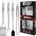 Tipsee Chef BBQ Tool Set - 4 Piece Grill Set - Barbeque Grilling Accessories: Spatula with Built-in Bottle Opener and Serrated Edge, BBQ Tongs, Fork & Brush