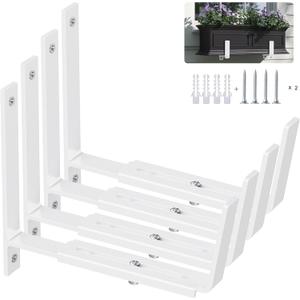 Y&M 4 Pack Adjustable Planter Box Brackets (6 to 12.5 in), Universal Window Box Brackets, Heavy Duty Iron Flower Box Wall Mounting Hooks for Balcony, Fences, Patio, and Garden - White