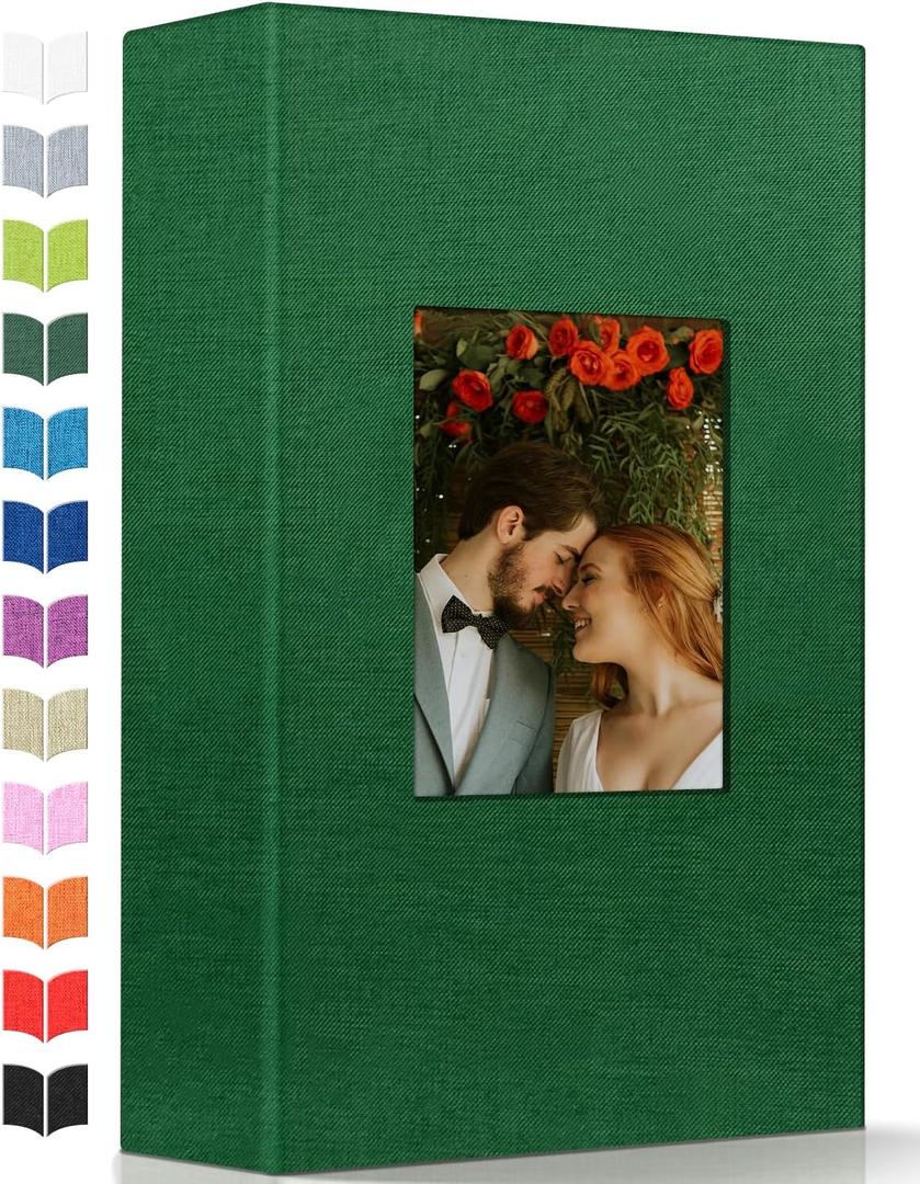 Photo Album 4x6 with 300 Pockets,Slip-in Picture Albums,Linen Cover Memory Book with Front Window,White Page Vertical Photo Book for Wedding,Family,Anniversare,Baby,Vacation (Dark green)
