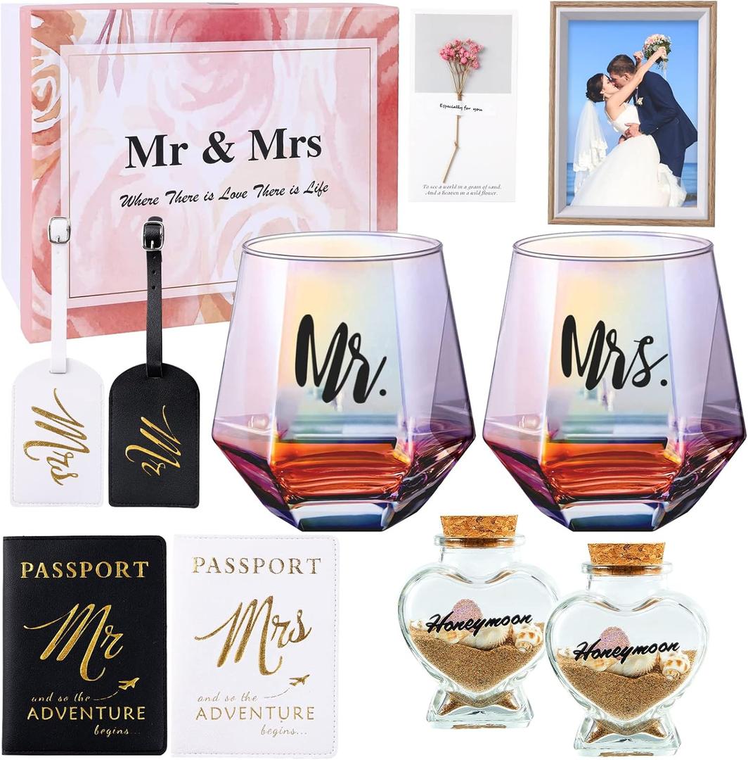 Wine Glasses for Mr and Mrs Gifts Wedding Gift Bridal Shower Gift Engagement Gifts for Couples Honeymoon Travel Essentials Present for Newlywed Marriage
