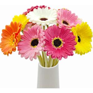 15 Pcs Artificial Gebera Daisies Flowers Fake Daisy Real Touch PU Faux Flowers Bouquet for Indoor Home Arrangements Vase Wedding Party Table Centerpiece DIY Floral Decor (Mixcolor)