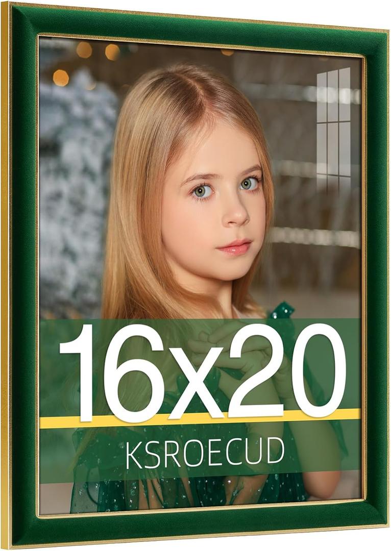 16x20 Velvet Picture Frame, Green 16x20 Velvet Photo Frame with Vintage Gold Border, 16 by 20 Poster Frame with HD Real Glass Horizontal & Vertical Display for Tabletop and Wall Decor (1 Pack)