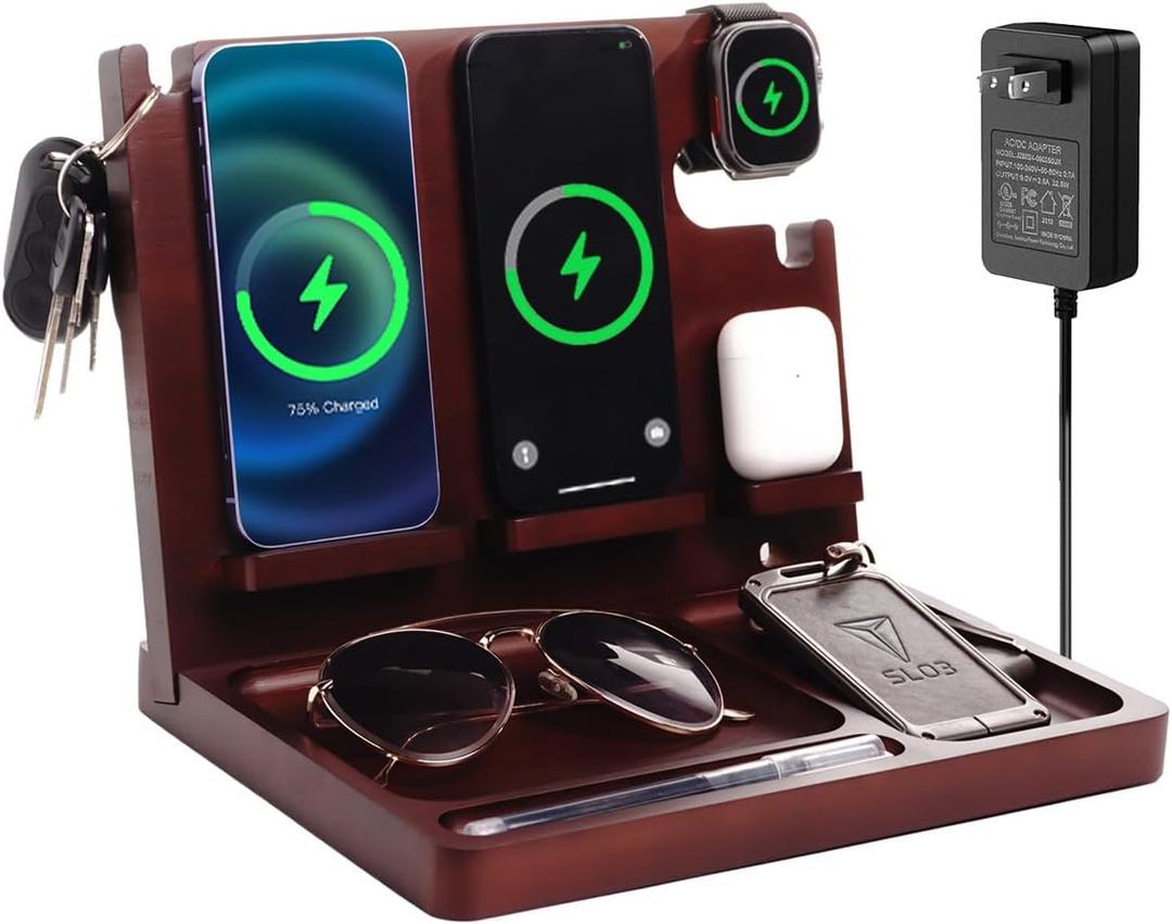 Wood Phone Docking Station,27W Fast Charging 2 Phone Wireless Charging Station for iPhone/Samsung/Apple Watch/AirPod,Nightstand Organizer for Men/Women,Gifts for Dad,Anniversary,Birthday (Brown)