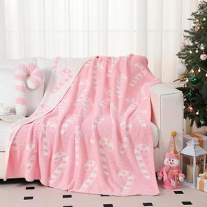 Candy Canes Throw Blanket and Pillow Set Include Pink Christmas Blanket 50 x 60 Inch and Candy Canes Plush Throw Pillows Cushion for Couch Sofa Bed Home Decorations and Christmas Gift