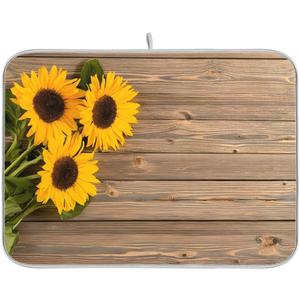 Dish Drying Mat Sunflowers On Wooden, Absorbent Reversible Flowers Drying Mat Dishes Pad Dish Mats for Drying for Kitchen Counter Decor 18x24 Inch