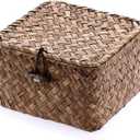 Hipiwe Seagrass Basket with Lid Wicker Storage Basket Square Handwoven Decorative Baskets Box for Shelf Multipurpose Household Baskets Home Decor,X-small (Coffee)