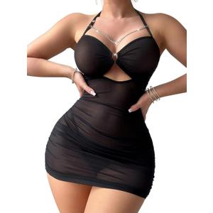 Sexy Lingerie for Women Sheer Lingerie Set Bodycon Mini Lingerie Dress Ruched Party Clubwear Outfits (Medium, Black)
