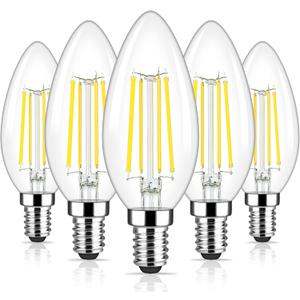 Brightever E12 Candelabra LED Light Bulbs 60 Watt Equivalent, 620 Lumen 6W C32 B11 Clear LED Filament Candle Bulbs, Dimmable Daylight White 5000K Chandelier Light Bulbs for Ceiling Fan, Pack of 5