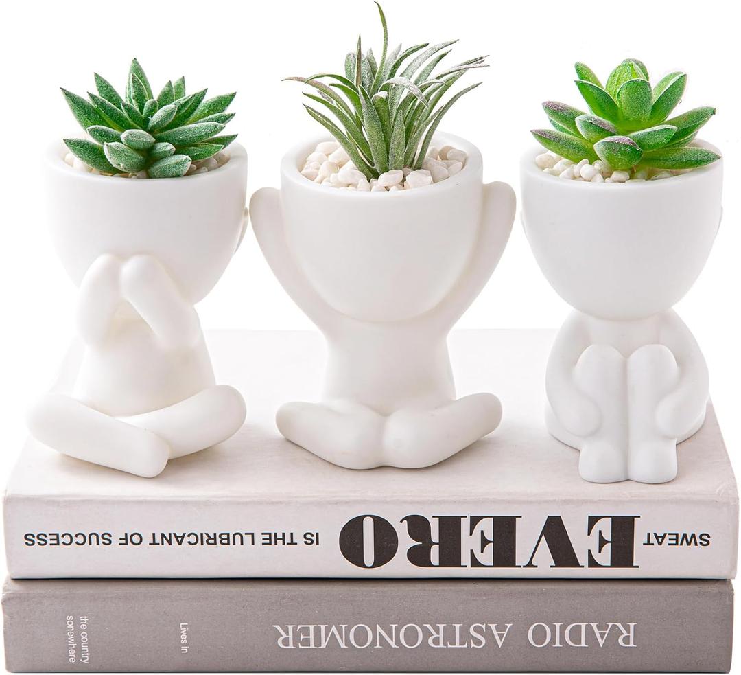 HEYO-YEPY 3PCS Cute Artificial Plant Office Decor for Women and Men, Aesthetic Desk Plant Decor for Office and Home, Potted Small Fake Plants for Indoor Decoration, White Pots Green Plants