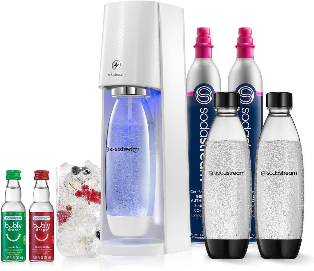 SodaStream E-TERRA Sparkling Water Maker Bundle (White), with CO2, Carbonating Bottles, and bubly Drops Flavors