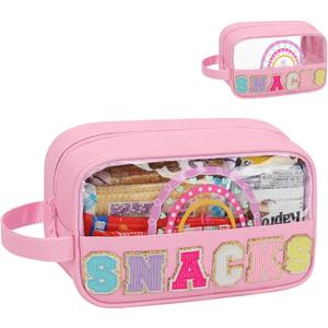 MONSTINA Snack Bag Clear Pouch, Makeup Travel Toiletry Bag, Clear Embroidery Letters Cosmetic Bag for Women Girls,Valentine's Gifts for Teens, A-Pink
