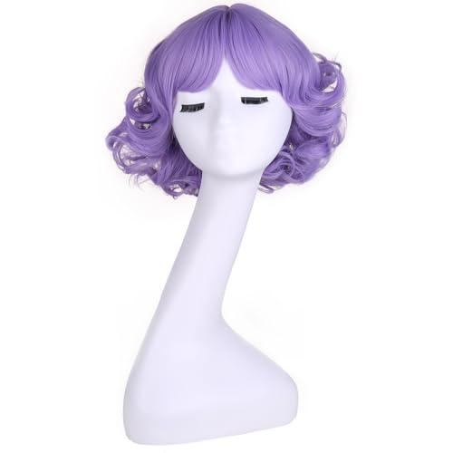 MAGQOO Light Purple Wigs for Women Girls Short Curly Wavy Fluffy Lavender Purple Wig with Bangs Halloween Cosplay Costume Party Wig