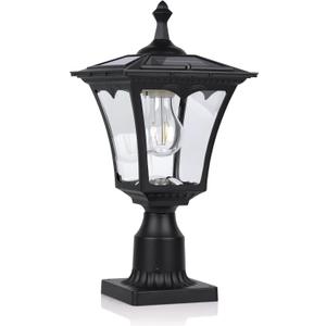 KP4301Q Outdoor Solar Post Lights with Glass lampshade, Heavy Duty Die-Casting Aluminum LED Solar Pillar Light for Gate Column, Driveway, Pathway,Garden, Patio, Matte Black