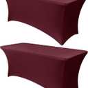 Obstal 6ft Stretch Spandex Table Cover for Standard Folding Tables - Universal Rectangular Fitted Tablecloth Protector for Wedding, Banquet and Party, 72L x 30W x 30H Inches, Wine Red, 2pc