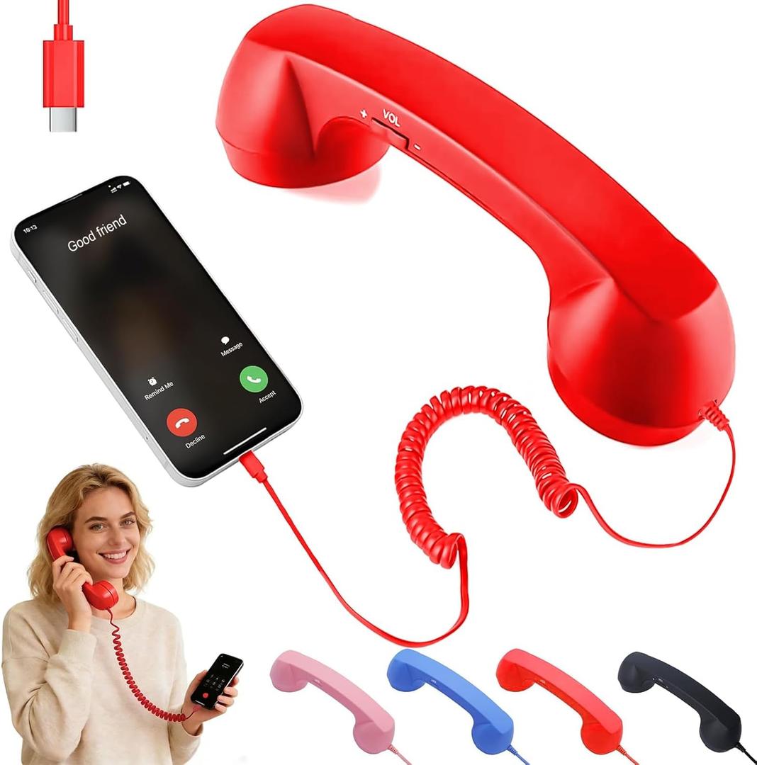 Retro Handset for Mobile Phones  Classic Wired Phone Handset with Type-C Connector, Vintage Landline for iPhone, Android, Smartphone, Call Receiver, Comfortable Grip, Stylish Phone Accessory (Red)