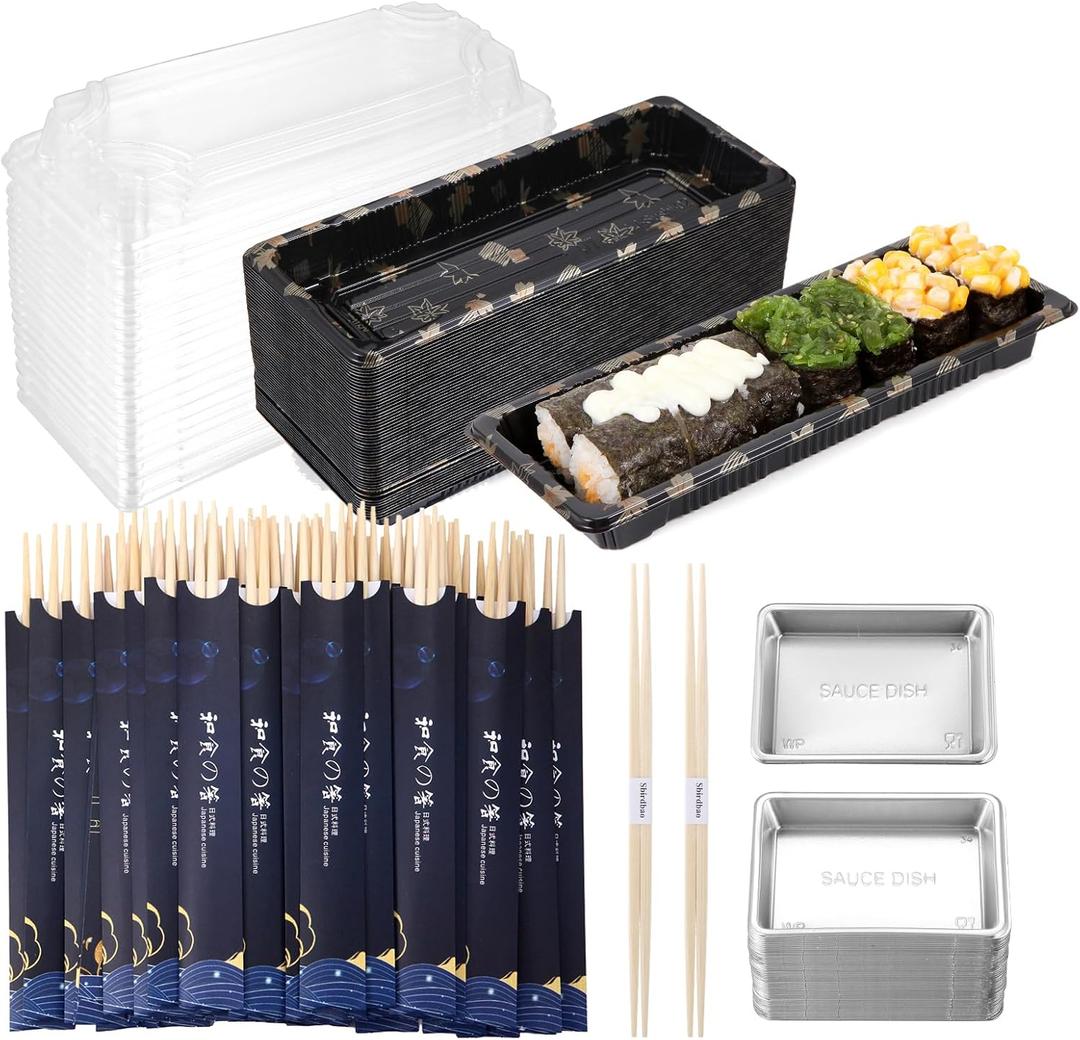 Disposable Dinnerware Set for 50pcs Sushi Trays Containers with Lids 8.6 x 3.6 Inch Disposable Sushi Take Out Boxes, 50 Pairs Japanese Bamboo Chopsticks, 100pcs Soy Sauce Dishes