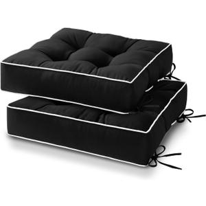 HARBOREST Outdoor Chair Cushions Set of 2, Tufted Patio Chair Cushions with Ties, Square Corner Outdoor Cushions for Patio Furniture, Lawn Chairs, Wicker Chairs, 19" x 19" x 5", Black