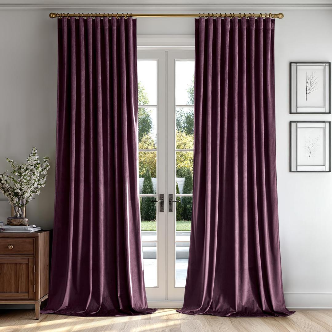 MIULEE Dark Purple Velvet Curtains 90 inches 2 Panels - Luxury Room Darkening Window Drapes for Bedroom Living Room Thermal Insulated Super Soft Blackout, Back Tab Rod Pocket Pinch Pleated, W52 x L90