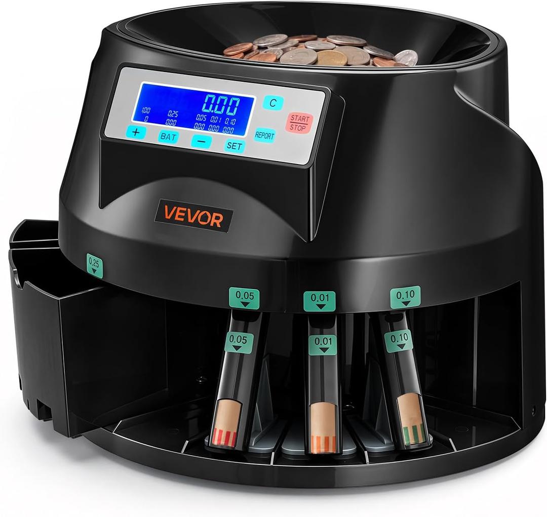 VEVOR USD Coin Counter Sorter and Wrapper Machine for 5 Coin Denominations, 13.8x12.8x10.6in