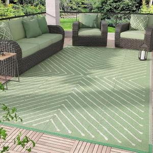 Garvee 9x12 Extra Large Modern Striped Outdoor Waterproof Rug, Reversible Patio Camping Mat for RV, Backyard, Deck, Porch, Balcony, Beach, Garden, UV Protected & Easy Clean Outdoor Carpet, GreenWhite.
