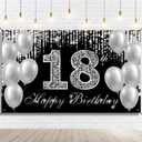 18th Birthday Banner Backdrop, Happy 18th Birthday Decorations for Boys Girls, Black Silver 18 Year Old Birthday Party Yard Sign Photo Props Decorations Supplies for Men Women, Fabric