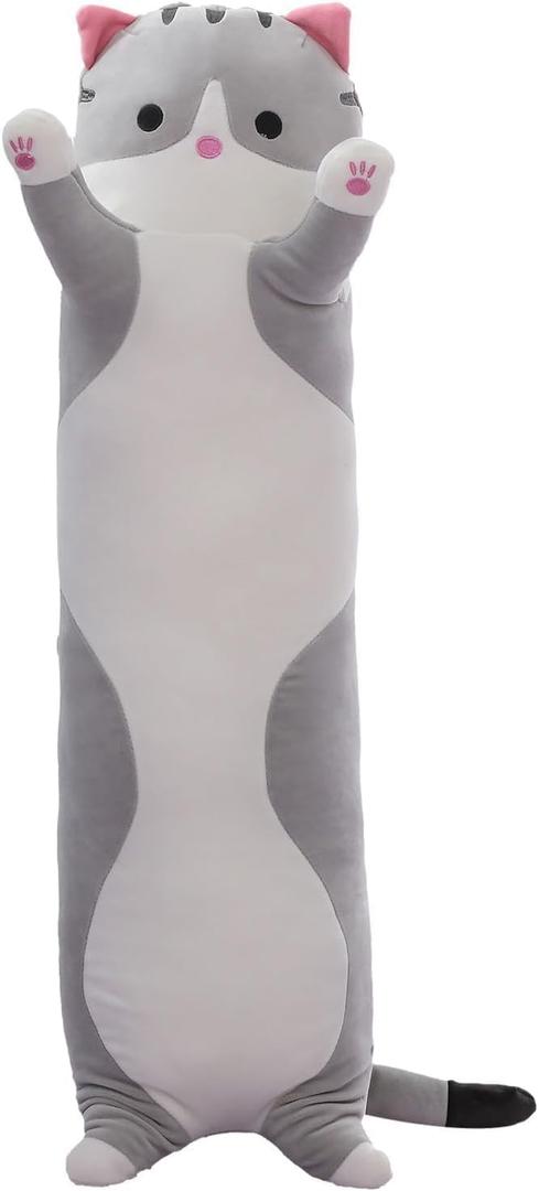 Cute Cat Plush Long Body Pillow Soft Cartoon Stuffed Animal Doll, Kawaii Cat Plushie Toy Pillow Gifts for Kids, Girls & Girlfriend (Gray, 19.7 Inch)