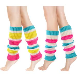 Junely 2 Pairs Leg Warmers for Women 80s Ribbed Knit Leg Warmer Pack for Ballet Dance Figure Skating Yoga Party Neon (Colorful)