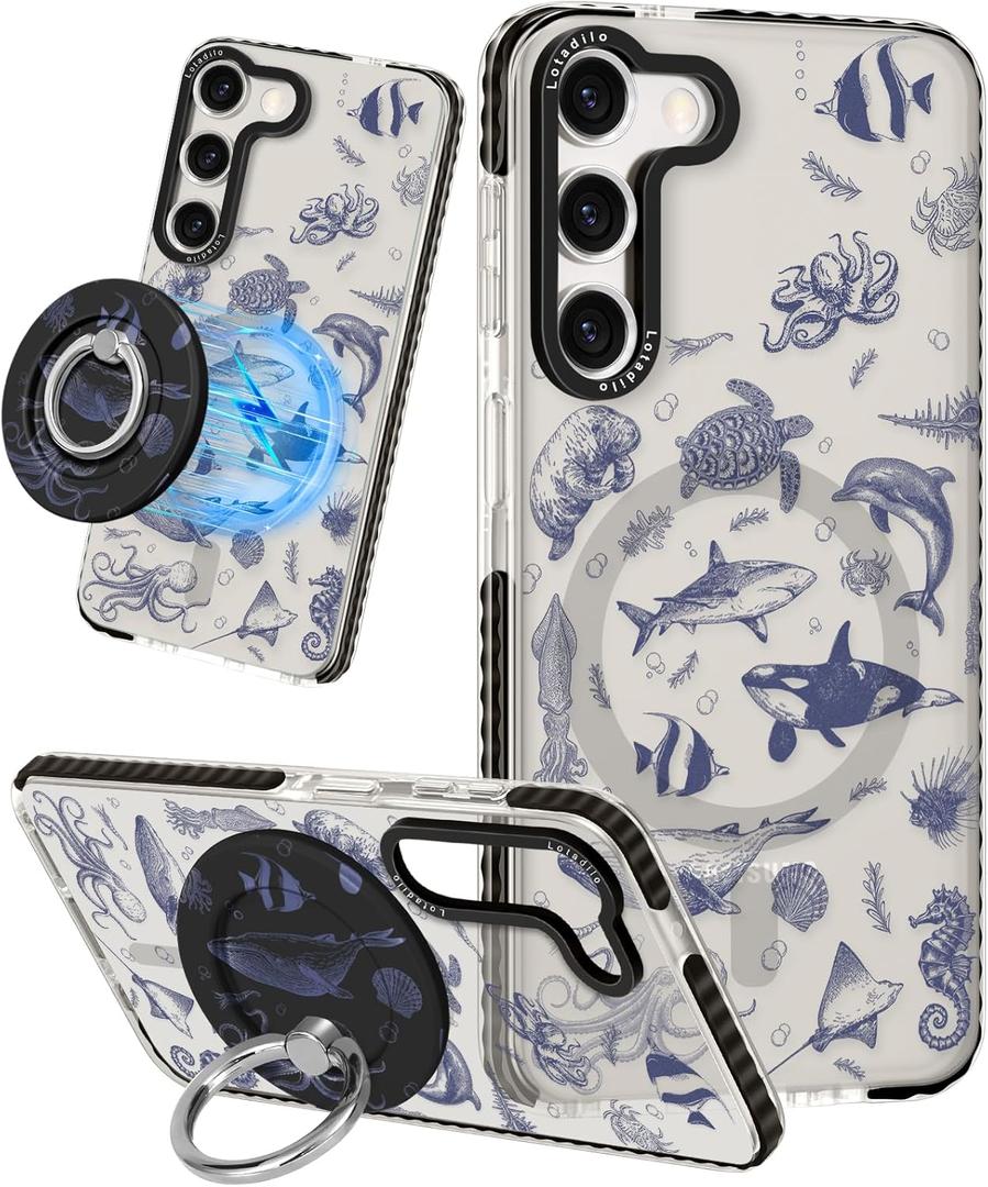 for Samsung Galaxy S23 Case for Women - Girls Cute Design Compatible with Magsafe Magnetic Ring Holder Stand Sea Fish Phone Covers Aesthetic Girly TPU Funda for S23