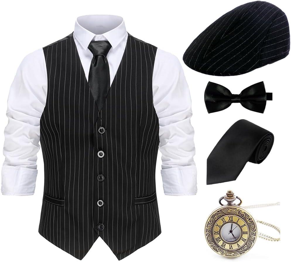 Gionforsy 1920s Mens Costume Gatsby Gangster Costume Accessories Set 20s Hat Bow Tie (Large, Black Stripe)