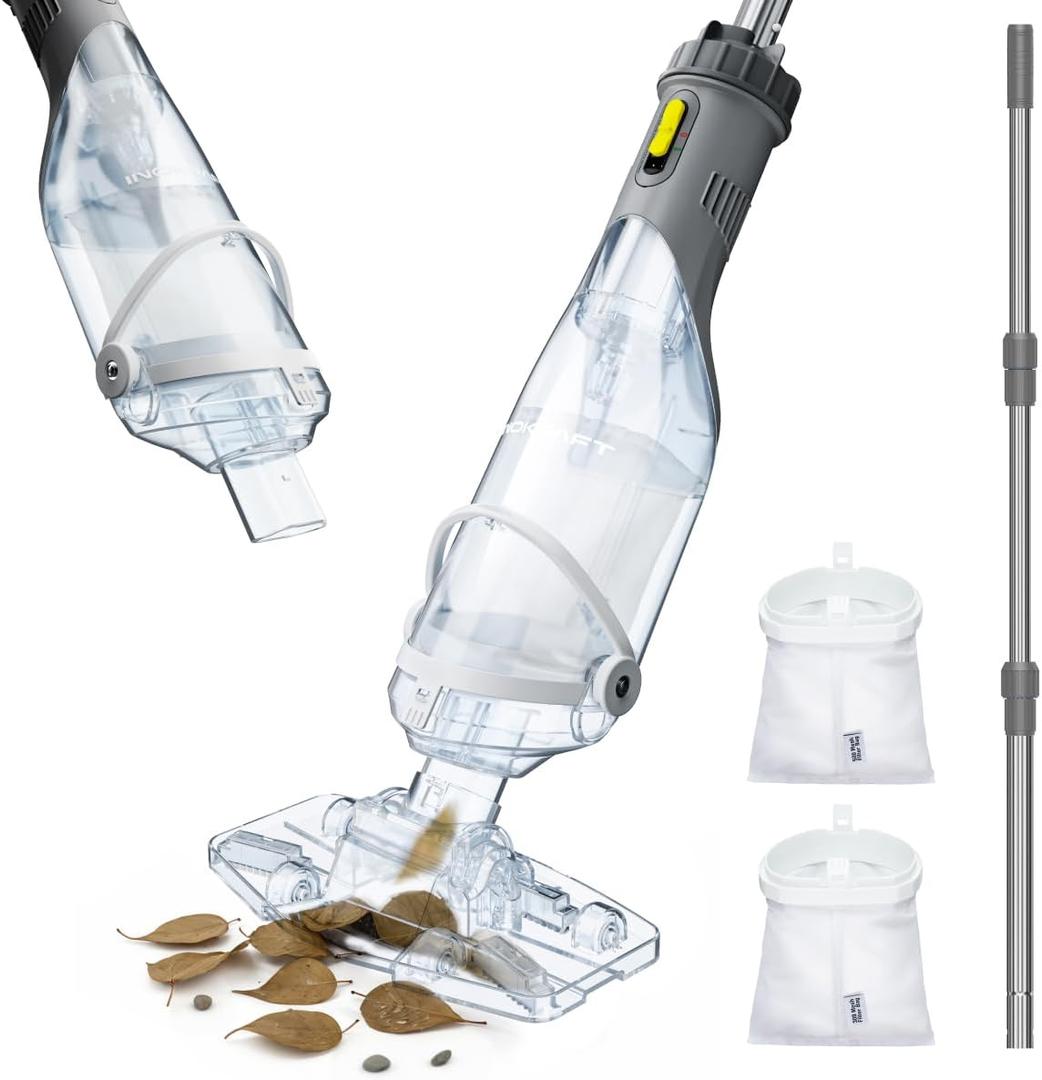InoKraft Cordless Pool Vacuum Cleaner, Rechargeable, Handheld Pool Vacuum for Above Ground and Inground Pools, Transparent Head, 59 Extendable Pole, for Leaves, Debris, Shallow Steps, Gray