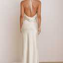 2026 Summer Satin Halter Neck Backless Slit Midi Dresses Elegant Cowl Back Ruched Wedding Guest Maxi Dress for Women (Beige, S)